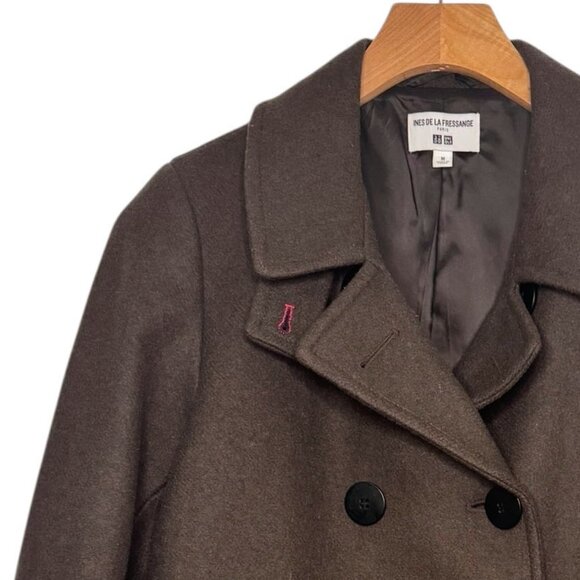 Vintage Ines De La Fressange Uniqlo Brown Wool Peacoat Jacket - Picture 2 of 7